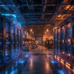 Modern cloud data center corridor with glowing server racks and delivery warehouse
