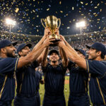 Baseball team celebrating with trophy under stadium lights at night