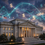 Central bank building at dusk with interest rate chart
