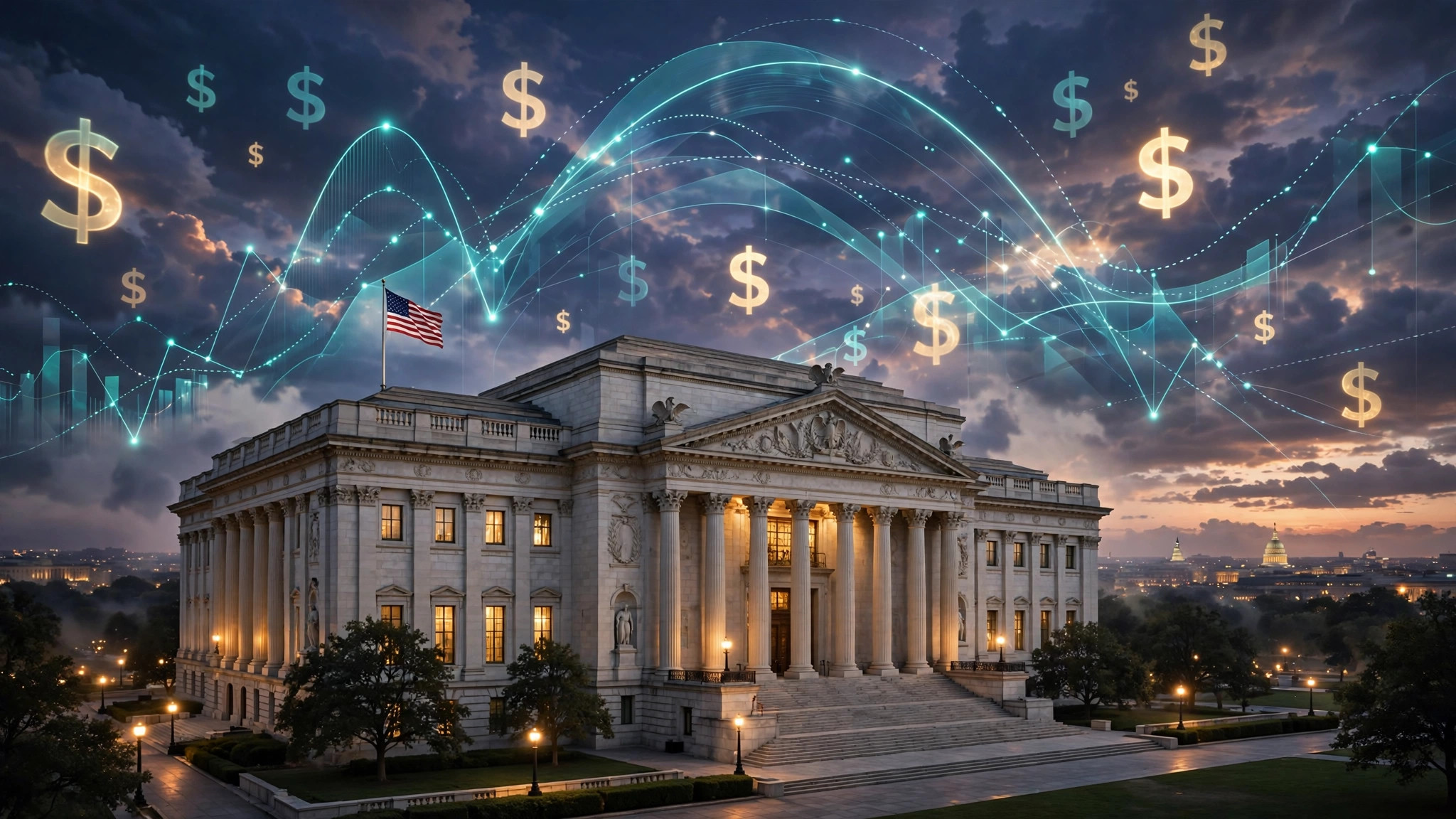 Central bank building at dusk with interest rate chart
