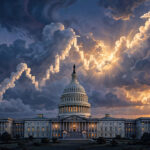 US Capitol building at dusk with a rising chart silhouette in the sky