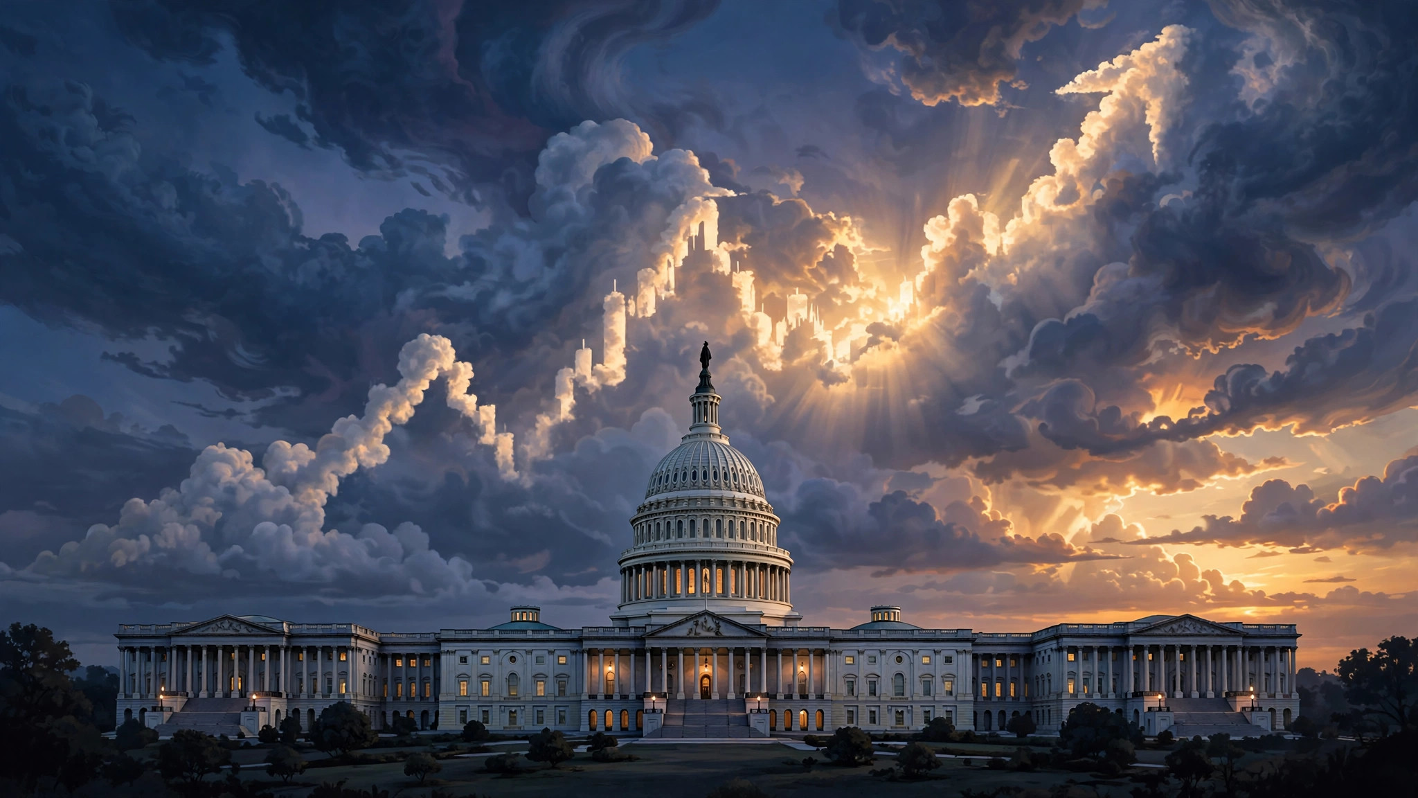 US Capitol building at dusk with a rising chart silhouette in the sky