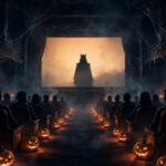 Dark movie theater on Halloween night with audience silhouettes and jack-o-lantern glow