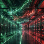 AI data center corridor with glowing servers and green and red chart lines