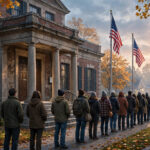 Voters lined up outside a US polling place at dawn with American flags