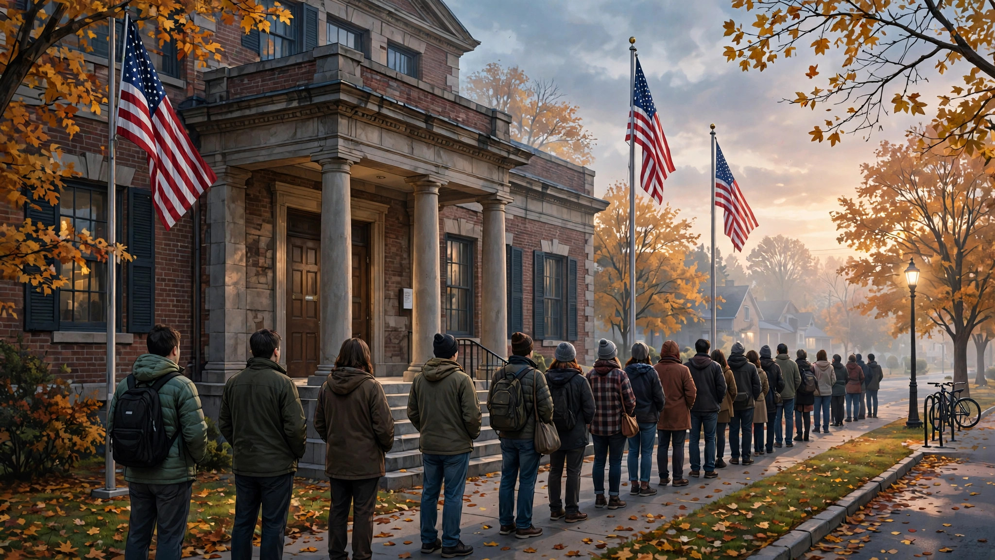 Voters lined up outside a US polling place at dawn with American flags