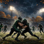 American football stadium at night with players in generic green and black uniforms under lights