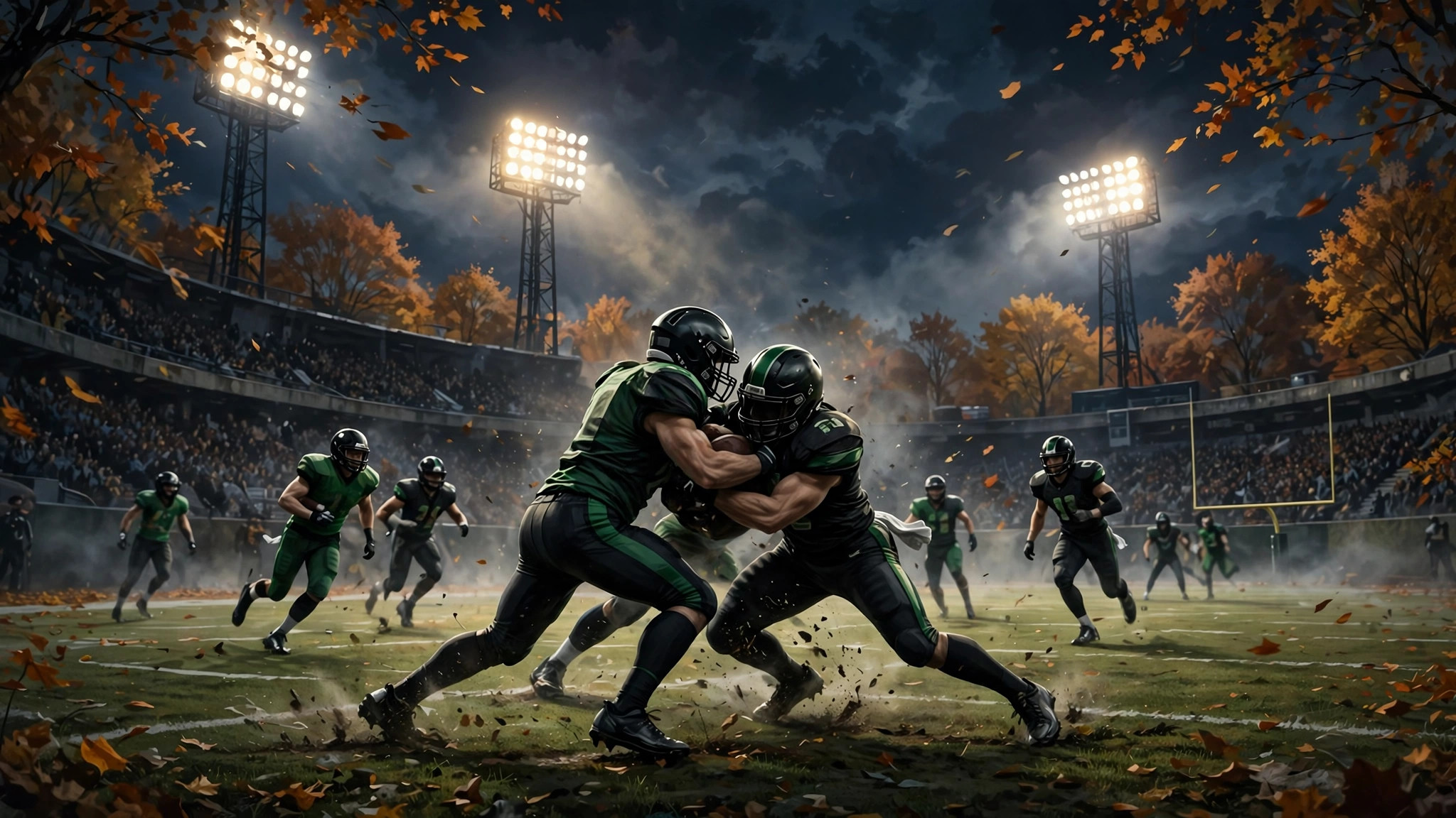 American football stadium at night with players in generic green and black uniforms under lights
