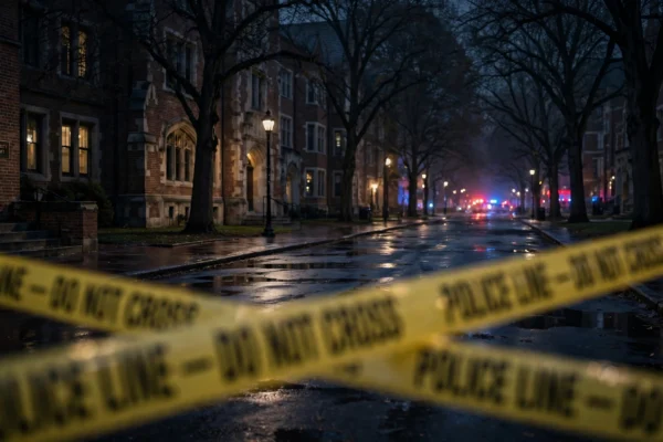 Nighttime university campus street in Tallahassee with distant police lights and police tape in soft focus