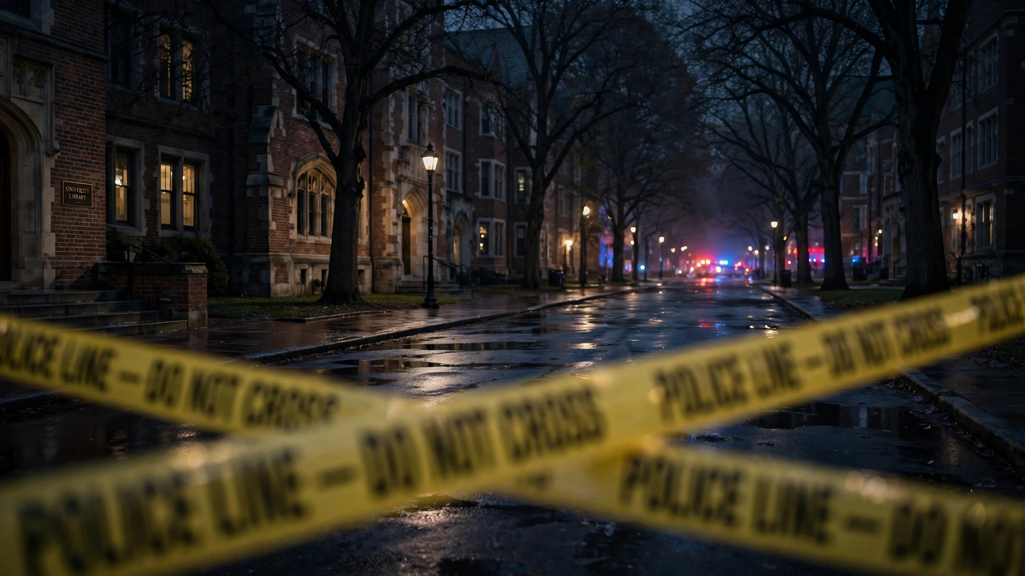 Nighttime university campus street in Tallahassee with distant police lights and police tape in soft focus
