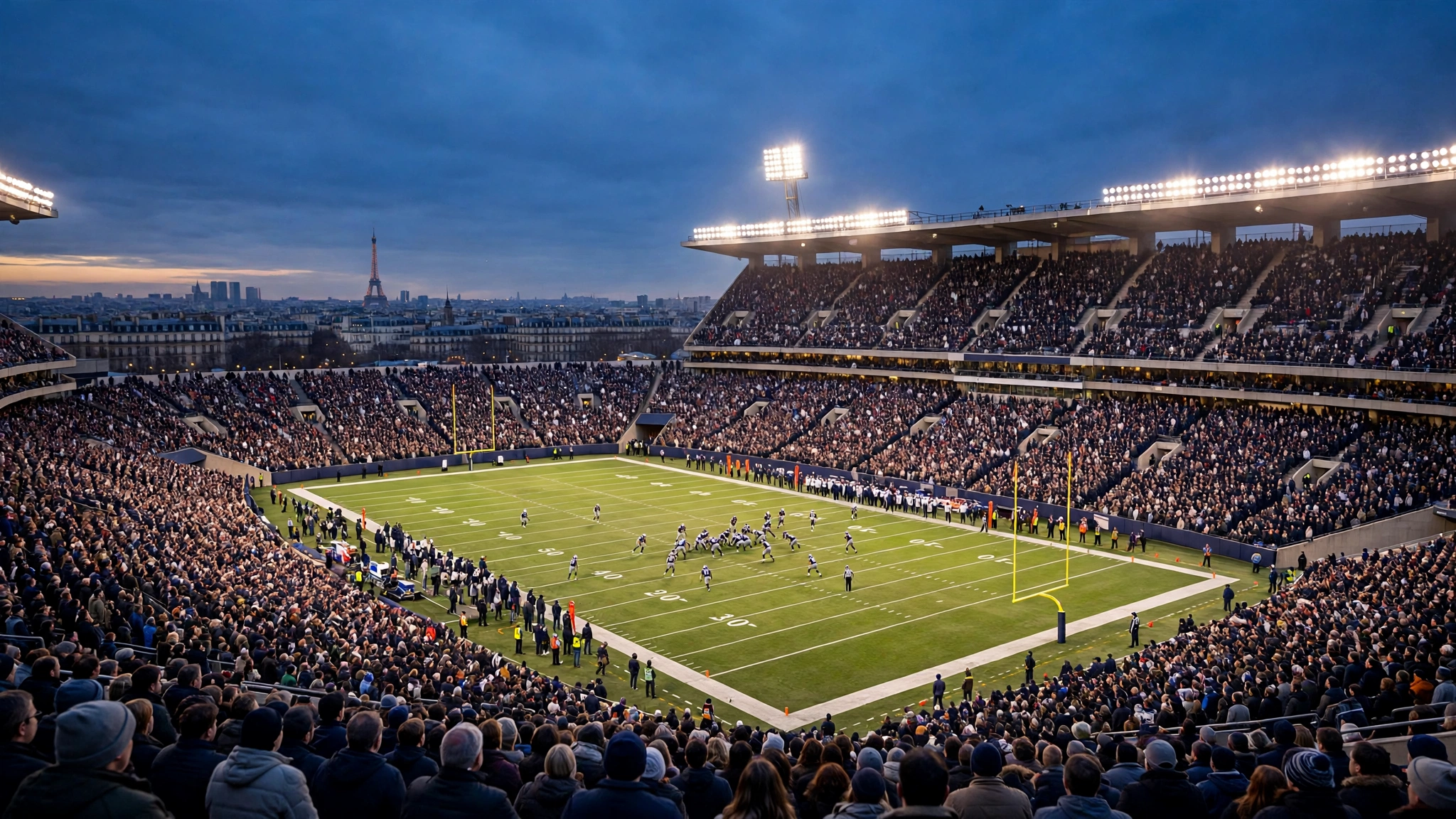 Packed American football stadium at dusk under floodlights with a distant Paris skyline