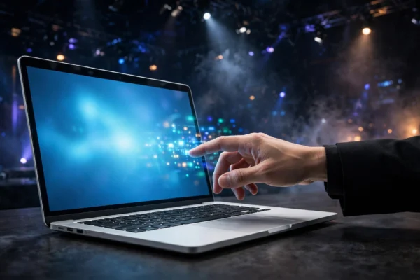 Sleek aluminium laptop on a desk with a hand reaching to touch its glowing screen under dark stage lighting