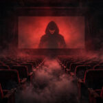 Dark cinema auditorium with eerie grinning silhouette on screen