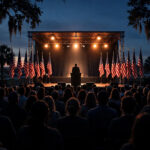 US campaign rally stage with American flags and crowd at dusk in South Carolina